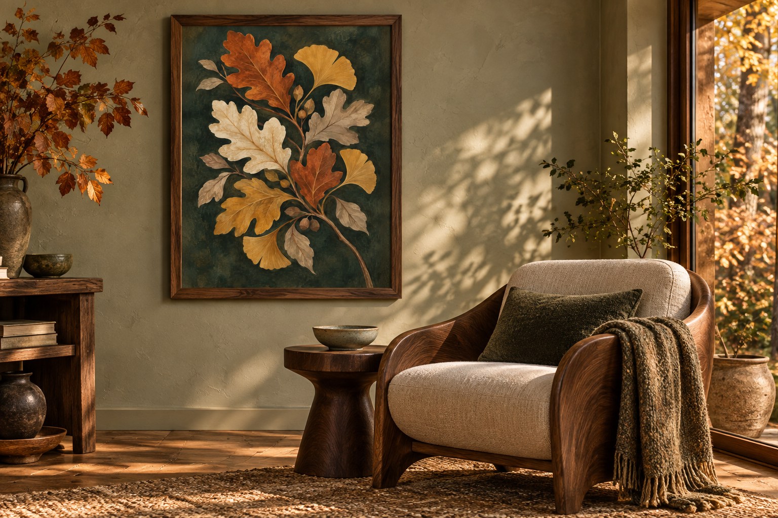 A softly lit reading corner with Woodland Dusk botanical artwork