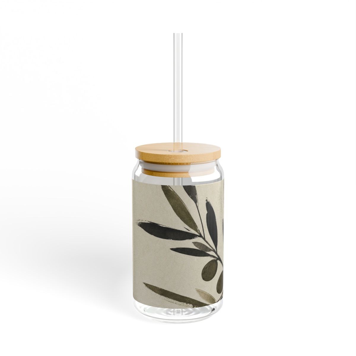 Olive Study Glass Can with Straw and Lid